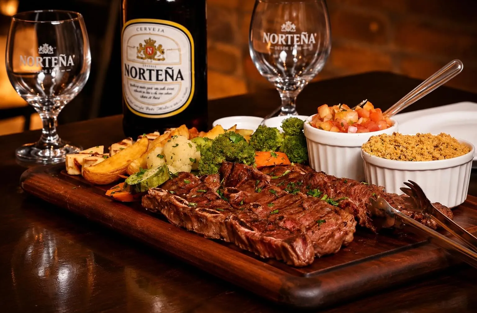 Tábua com bife fatiado, legumes, farofa e vinagrete ao lado de cerveja Norteña
